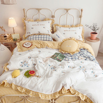 Embroidery ruffles cute hipster girl heart Princess wind wash cotton cotton cotton four-piece cotton sheet quilt cover