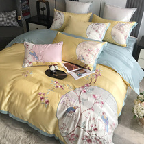 100 Australian cotton tribute satin cotton four-piece New Chinese pastoral flower bird embroidery cotton quilt cover bedding 4