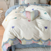 Cotton Four Piece Set 100 Cotton hipster Girl Heart Princess Wind White Blue Sheets quilt cover Bedding 4