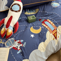 Water wash cotton cotton four-piece set 100 cotton cartoon cute rocket astronaut embroidery boy children three-piece set 4