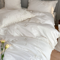60 cotton four-piece set 100 cotton white hipster ruffle rose embroidery six-piece bedding 4