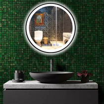 Smart bathroom mirror with lamp wrought iron black border LED luminous bathroom touch defogging makeup mirror round wall hanging