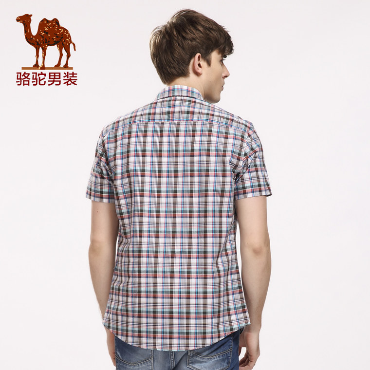 骆驼男装 2015新款男士短袖衬衫 夏季格子衬衫