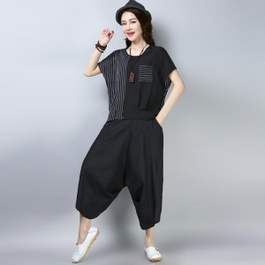 Stripe thin cotton and hemp suit large women’s bat sleeve T-shirt two-piece pants