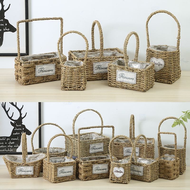 Straw woven flower basket flower arrangement flower basket with hand gift basket pastoral style flower flower basket succulent flower pot durian gift basket flower girl basket