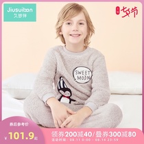 Long-aged childrens autumn and winter pajamas new boys cartoon plus velvet thickening suit large childrens coral velvet home clothes