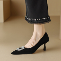 Miss Morning the temperament of the niche designed black suede square water tip head fine heels and single shoes simple daily