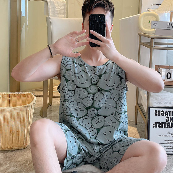 Summer Youth Cotton Silk Pajama Set for High and Middle School Students Vest Shorts for Students Artificial Cotton Thin Men's Home Furnishings Summer Youth Cotton Silk Pajama Set for High and Middle School Students Vest Shorts for Students Artificial Cotton Thin Men's Home Furnishings