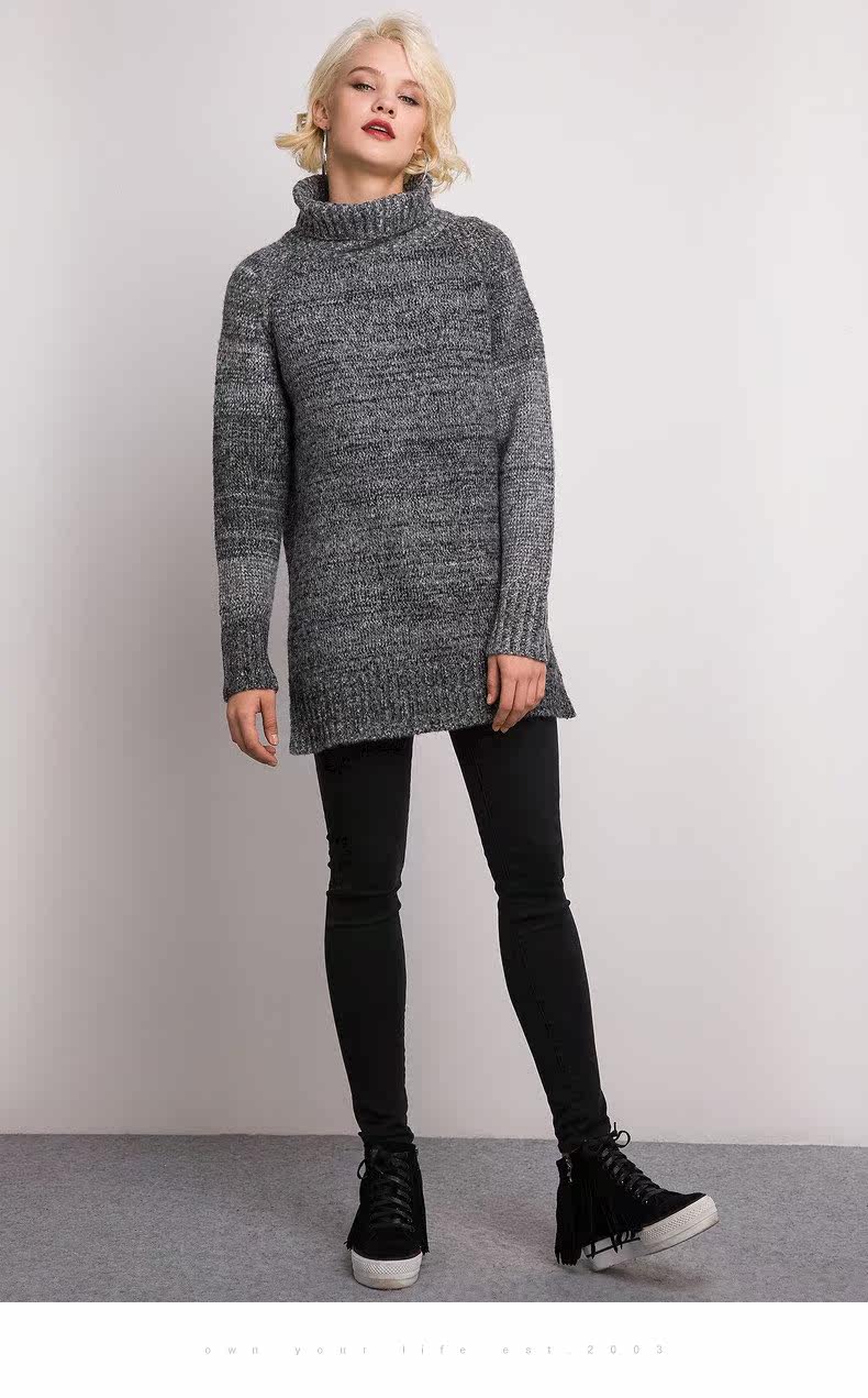 卡玛kama2016冬季新款 宽松中长款高领加厚毛衣女针织衫 7416457_7折