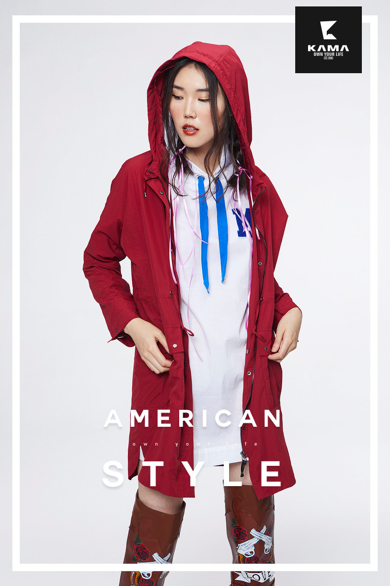 kama女装 卡玛秋季连帽中长款宽松长袖休闲外套风衣上衣服7317753