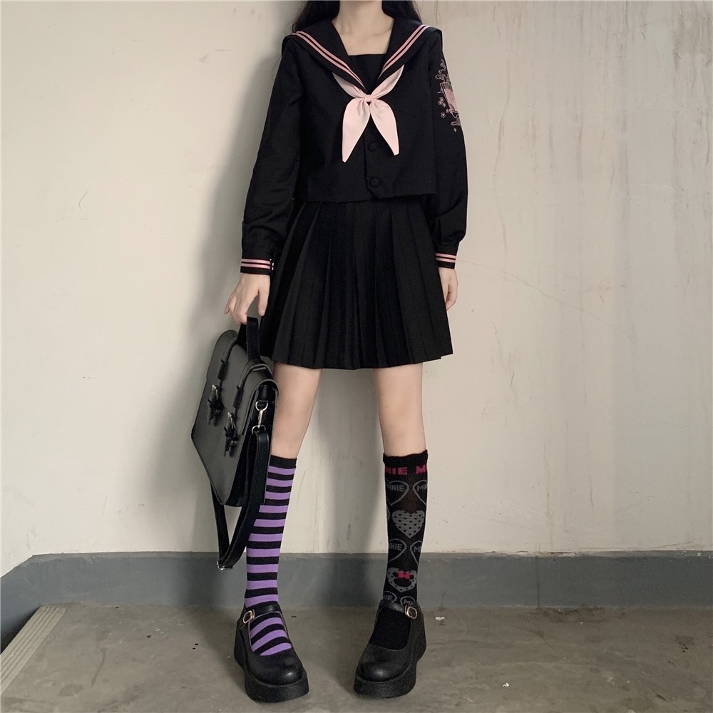 现货日系新品正统jk制服裙黑白玫瑰骑士双子暗黑不良长裙长袖套装