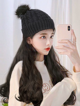Wig womens long hair hat Net Red fashion long curly hair knitted wool hat one big wave black sweet and cute