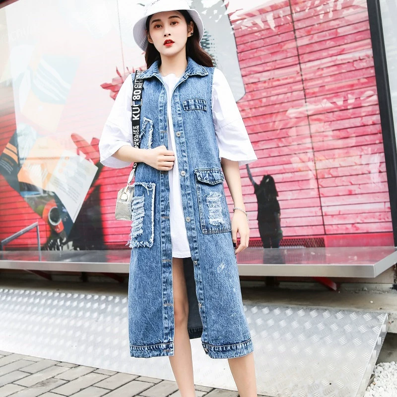 Mùa xuân và mùa thu 2021 mặc áo vest denim dài trên đầu gối của phụ nữ Áo khoác của phụ nữ Âu Mỹ là xu hướng áo ghi lê in cá nhân và mỏng - Áo vest