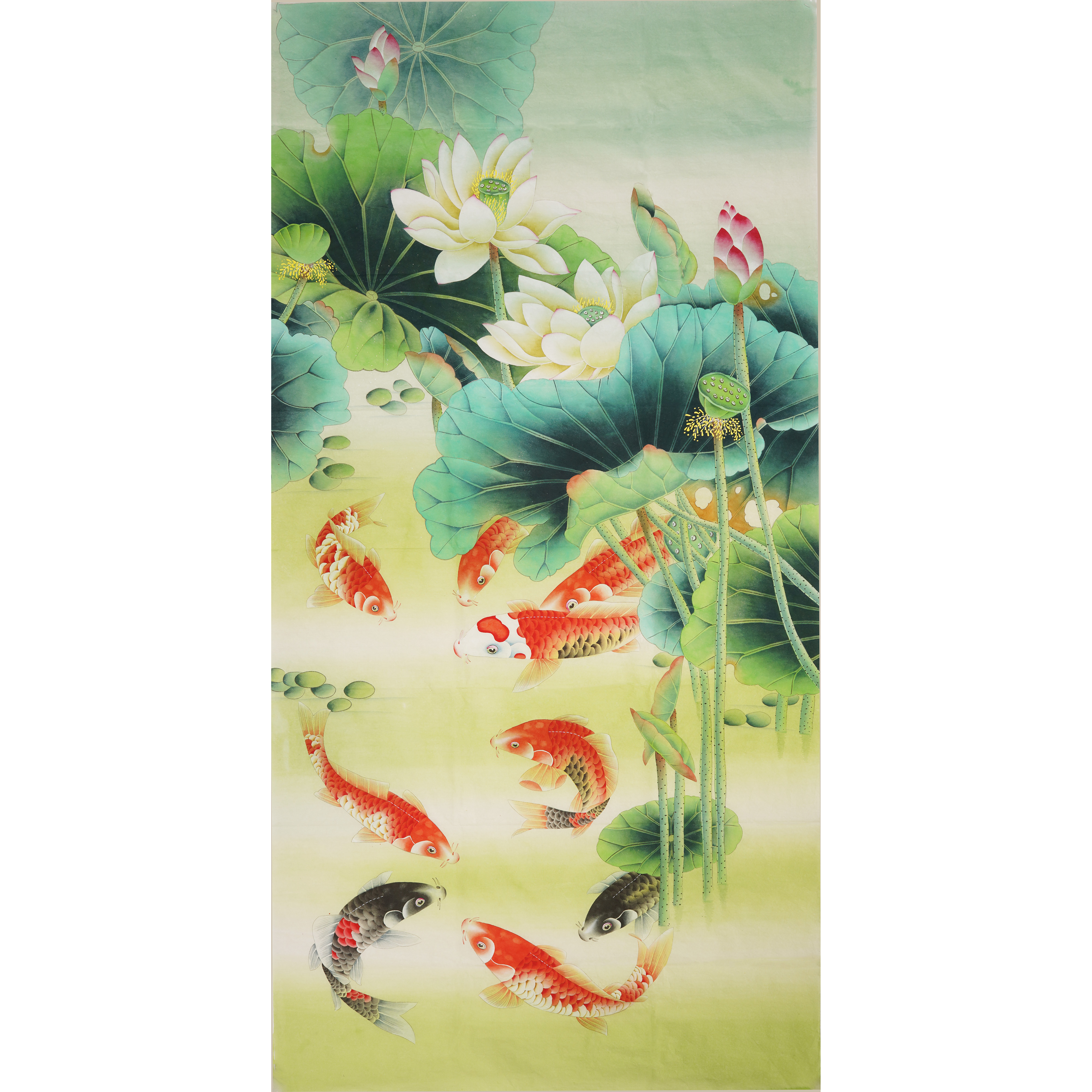 中国古美術・荷花鯉鱼図三尺画芯・啓功印款・水墨画・純手描き・文房具・宣紙・带水印 中国古美術・荷花鯉鱼図三尺画芯・啓功印款・水墨画・