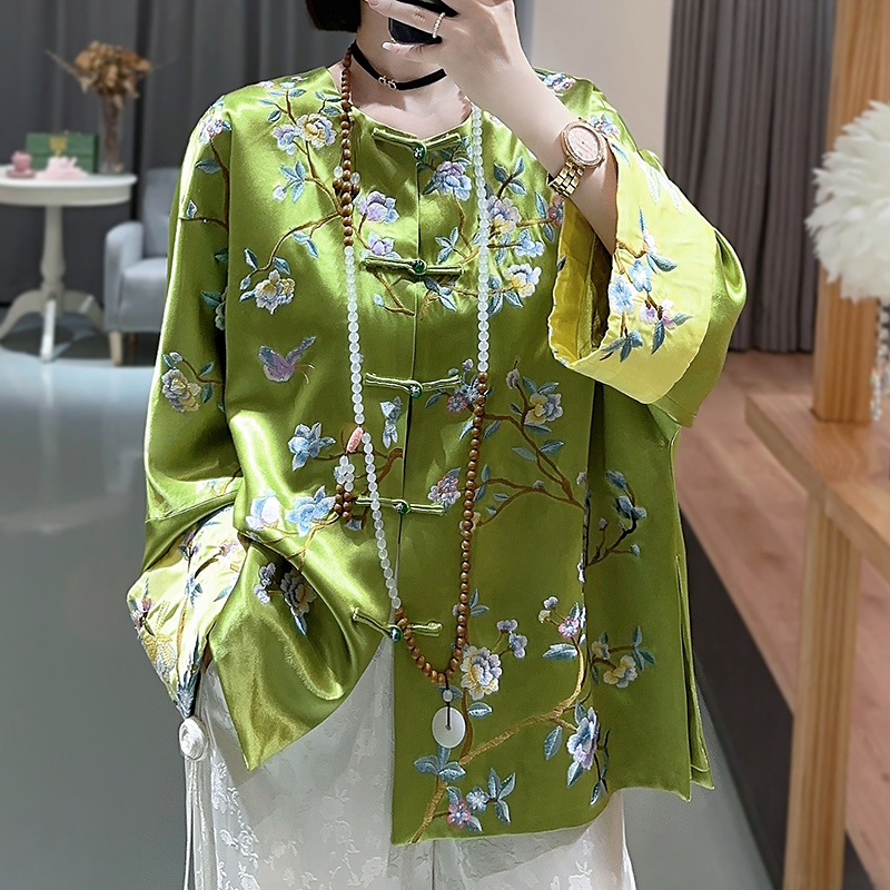 New Chinese women's dress Tang suit Chinese wind blouse adult Han suit 2023 fall big code disc buckle short embroidery jacket-Taobao