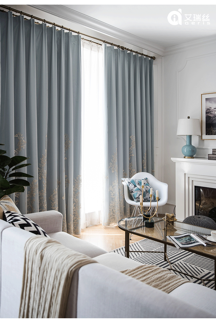 欧式高档轻奢法式刺绣纱帘客厅卧室落地薄荷绿窗帘布定制成品双层