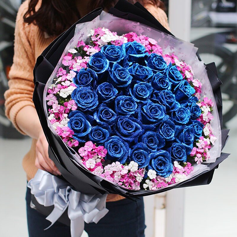 99朵白蓝色妖姬蓝玫瑰鲜花七夕情人节礼物镇江花店市区免费送花