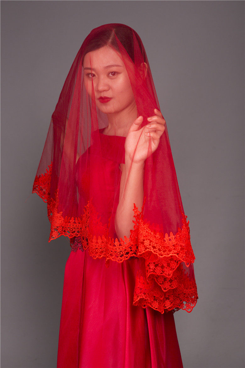 新款蕾丝红色头纱新娘结婚纱敬酒礼服秀禾龙凤红盖头喜帕超长拖尾