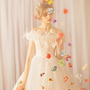 Fairy Princess plump feathers shoulder sexy bride wedding dress