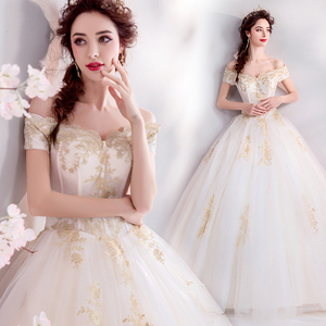 Golden Embroidery Princess Bride Word-for-Word Wedding Dresses 