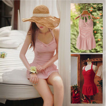 New one-piece swimsuit womens hot spring triangle skirt mother covering the belly thin chest gathered conservative backless swimwear