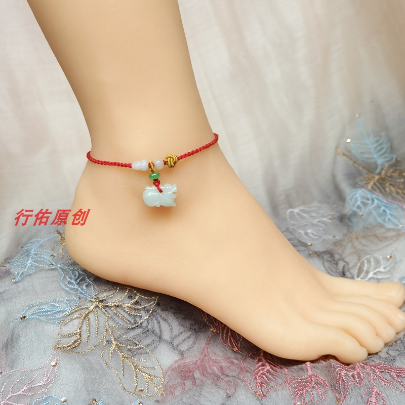 天然翡翠玉麒麟脚链 红绳脚链