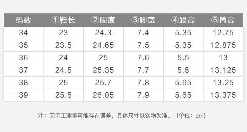 码数①鞋长②围度③脚宽④跟高⑤筒高3424.35.3512.7523.524.655.