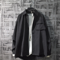 Spring and autumn striped high-grade shirt mens long-sleeved Korean version of the trend Ruffian handsome dk uniform Japanese jacket black spring tide