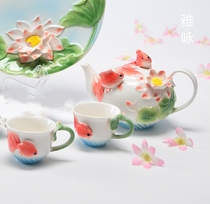 Enamel porcelain goldfish butterfly orchid one teapot two teacups wedding set tea set wedding gift creative flange