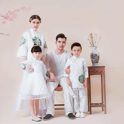 古风一家四口全家福摄影服饰2017秋季新款白色套装原宿风中国风