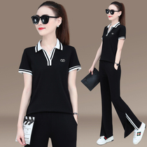 Half-sleeve sports suit womens summer wide leg pants fashion 2020 New loose casual two-piece middle-aged collocation