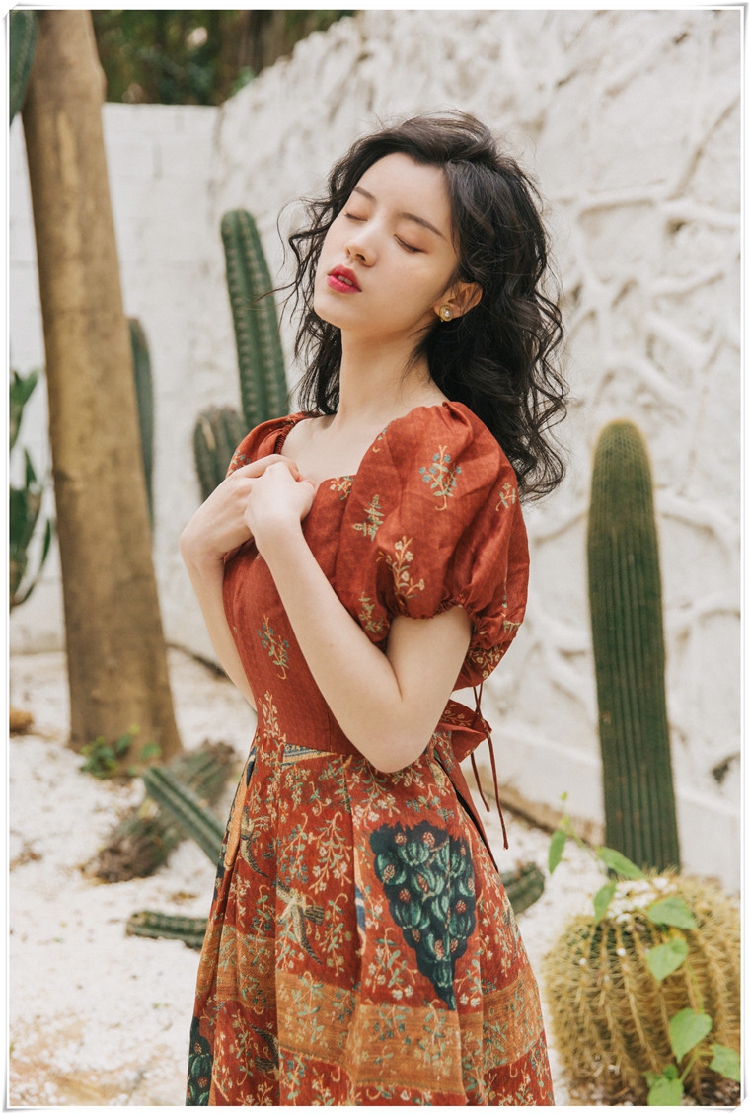 Su Qian và Mu Yan Váy công chúa phong cách châu Âu mùa hè retro cung điện thon gọn in hình váy lưng cao lưng cao - Váy eo cao