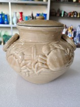 Antique collection North Korea Goryeo yellow glazed old porcelain cover jar with crab pattern