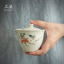 Three times ash glaze hand-painted cover bowl ceramic tea bowl Tea cup Large retro three-year-old cover bowl tea maker hand-caught pot