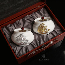 Inlaid silver tea jar Ceramic white porcelain portable creative personality fashion sealed storage tea jar Household tea box