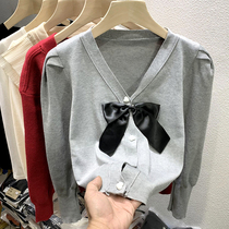 Superior Grey Sweater Woman Design Sensation Small Crowdsourced butterfly knot blouse blouse autumn Winter Lazy Wind Knit Cardigan Jacket Spring