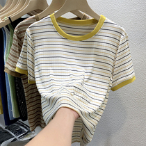 Design Sensation Small Crowdstriped Fresh Casual Short Sleeve T-Shirt Woman Summer Crash Color Loose 100 Hitch Short Sleeve Blouse Tide