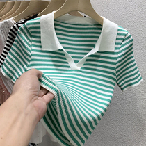 2022 spring summer new striped short sleeve T-shirt woman turn 100 lap up slim fit shorn knit undershirt blouse