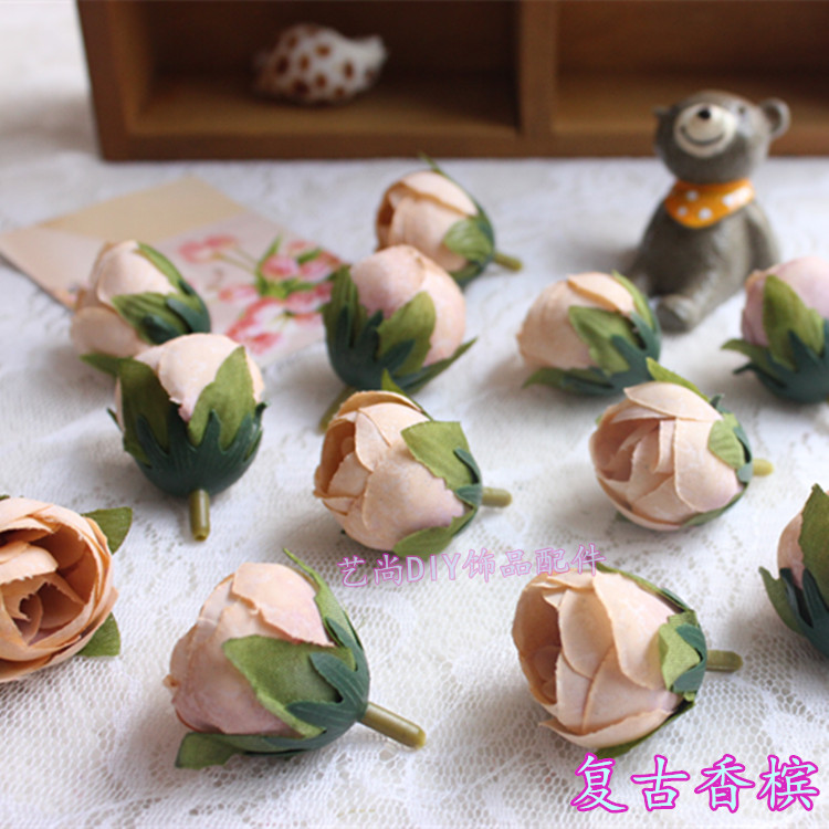 欧式复古茶花苞 森系手作配件 DIY手工花环材料 仿真玫瑰花头 (1627207:270346263:sort by color:复古香槟)