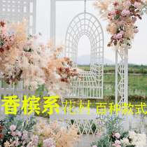 Wedding champagne color series flowers Wedding hall flower arrangement with simulation road lead flower row production decoration with grass leaves