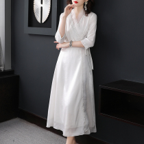 Dress 2021 new spring and summer womens embroidery stand collar temperament white skirt skirt high-end half-body group split