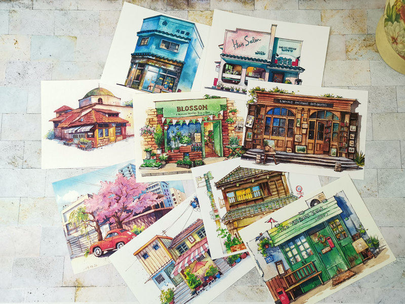 菲尔水彩画临摹卡片40张 手绘风商店建筑日韩台式便利店美术绘画教