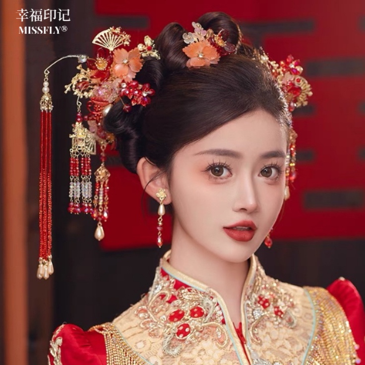 金红色琉璃秀禾头饰水晶步摇扇子簪子旗袍龙凤褂新娘发饰喜庆减龄