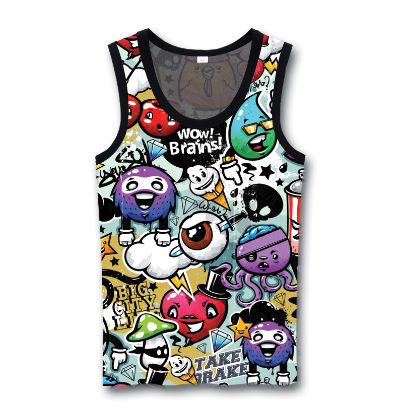 青少年个性潮流欧美街头涂鸦背心卡通印花无袖t恤大码男士夏装