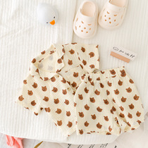 Infant short sleeve summer thin family home suit suit 1-3 year old air conditioning suit baby Han version pure cotton yarn breathable pyjamas