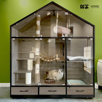 Customized panoramic cat villa solid wood household cat cage oversized free space indoor cat luxury cabinet cat house cat litter