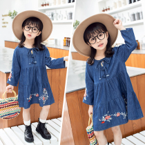 Girl autumn new long sleeve retro style dress female treasure foreign denim skirt girl Joker base shirt embroidery