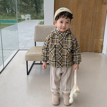 Boy plus velvet coat baby autumn winter clothes 2020 new children plaid cotton cotton hooded windbreaker winter foreign air tide
