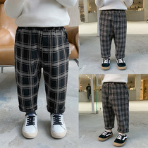 Childrens clothing boys plus velvet pants autumn and winter childrens baby Plaid casual pants children thick warm foreign trousers