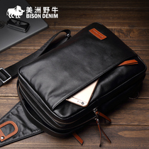 American bison Korean leather mens chest bag shoulder bag shoulder backpack casual cowhide running bag fashion Mens bag